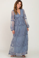 PinkBlush Blue Grey Lace Mesh Overlay Long Sleeve Maternity Maxi Dress