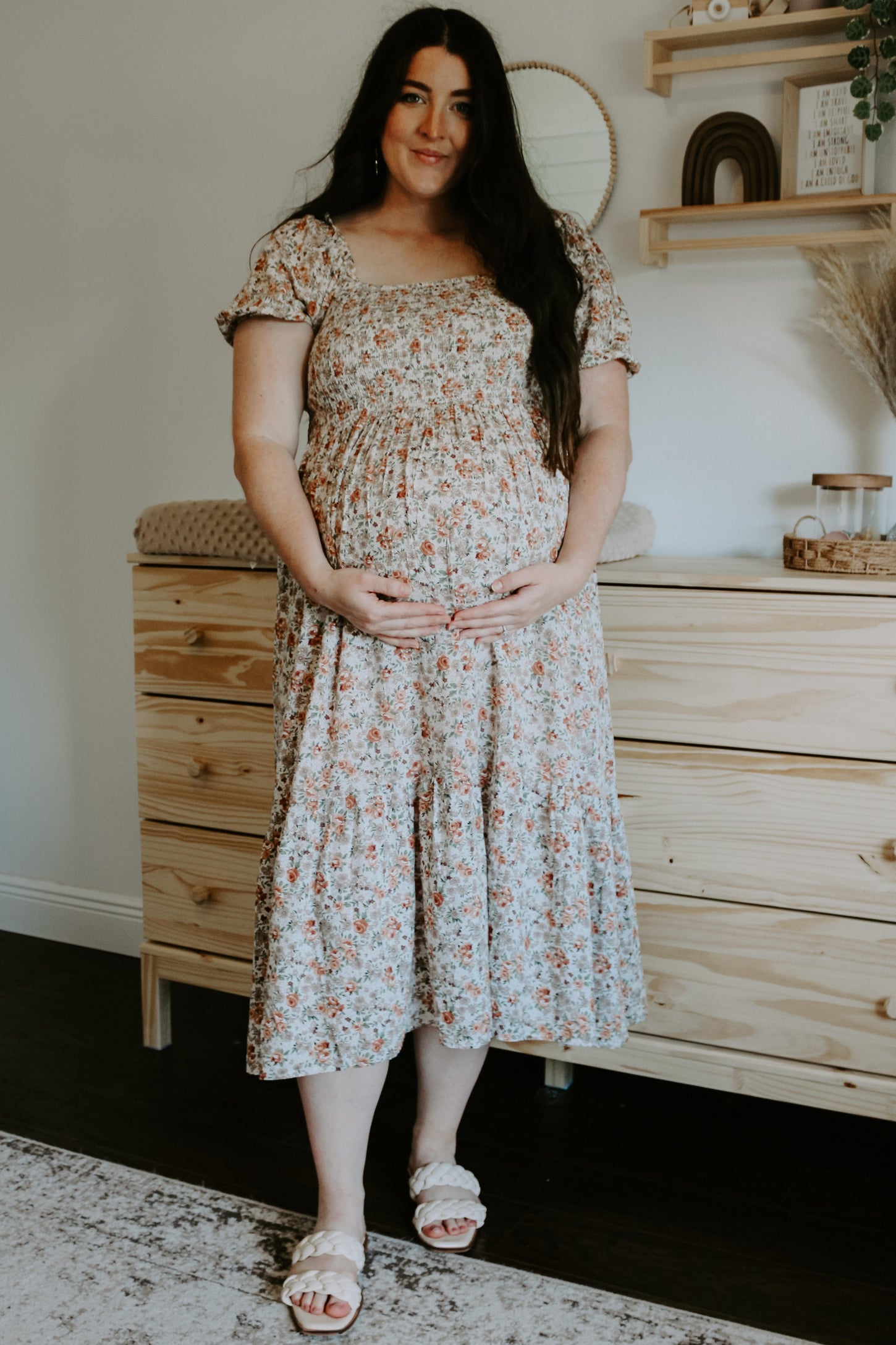 Taupe Floral Smocked Puff Sleeve Maternity Midi Dress