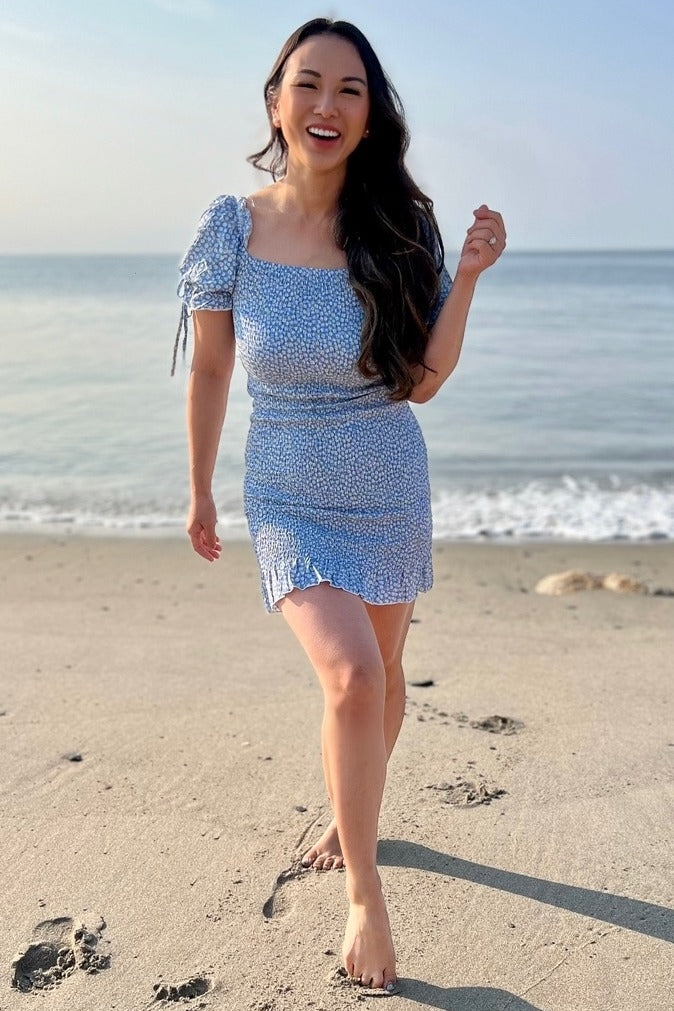 Light Blue Floral Smocked Short Puff Sleeve Mini Dress