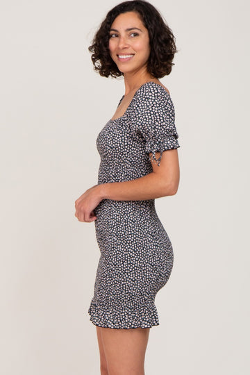Black Floral Smocked Short Puff Sleeve Mini Dress