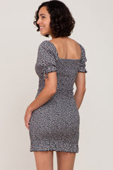 Black Floral Smocked Short Puff Sleeve Mini Dress