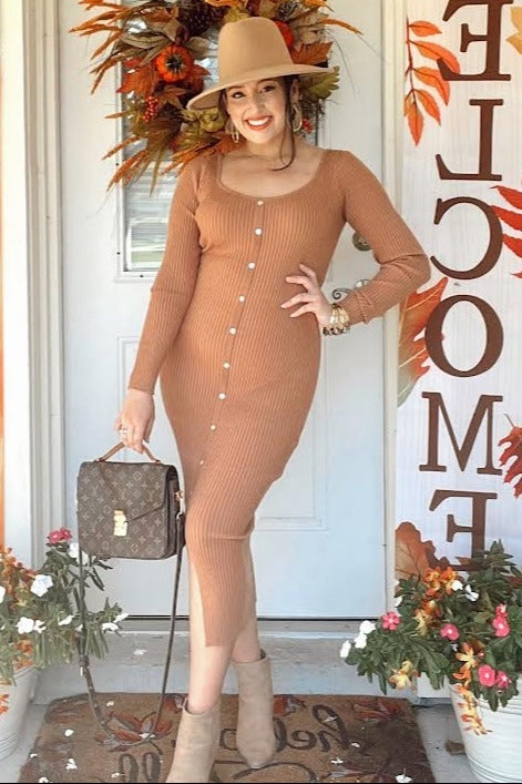 Camel Ribbed Button Accent Long Sleeve Maternity Dress