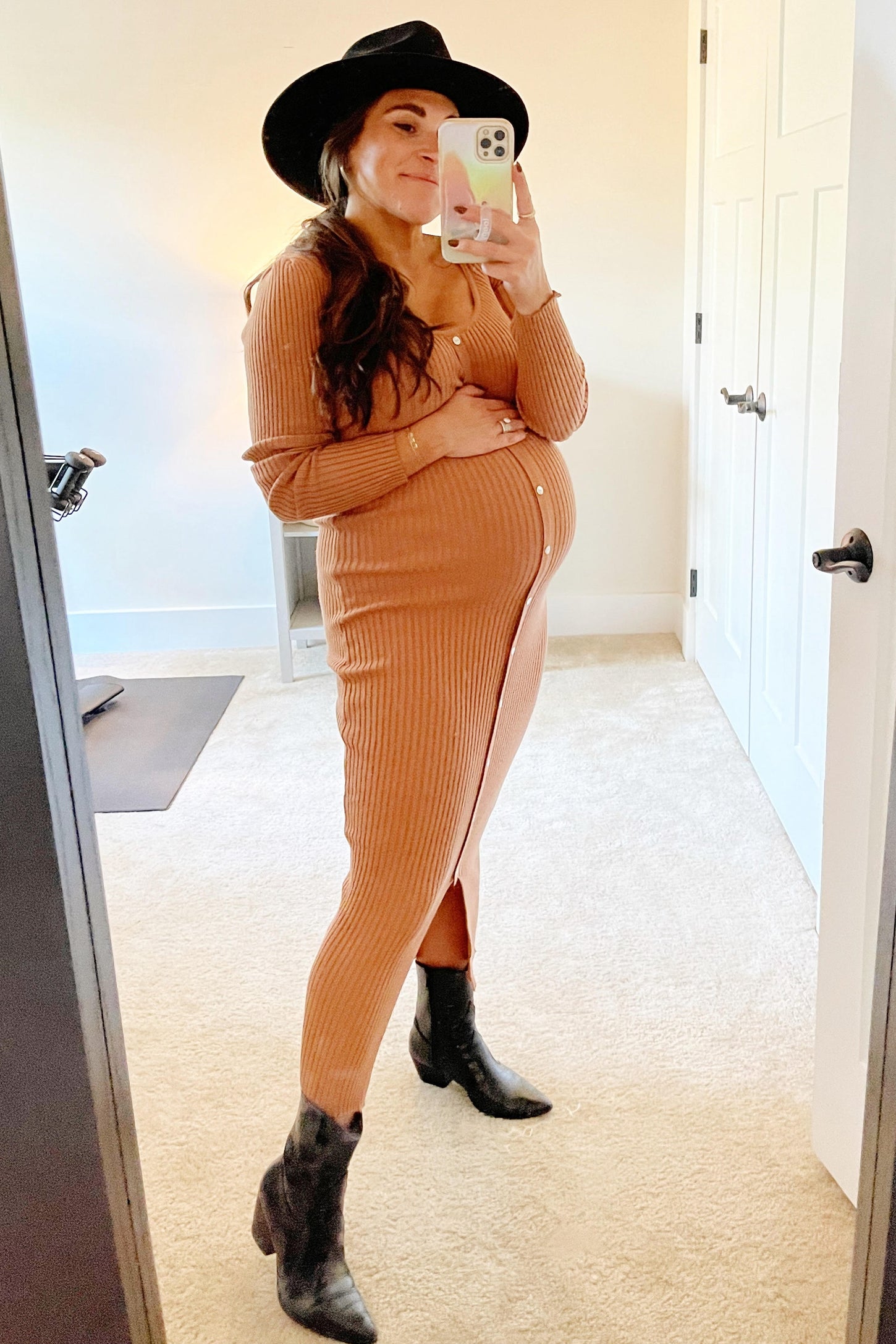 Camel Ribbed Button Accent Long Sleeve Maternity Dress