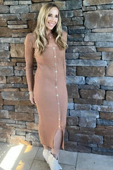 Camel Ribbed Button Accent Long Sleeve Dress