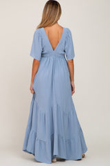 Light Blue Deep V-Neck Maternity Maxi Dress