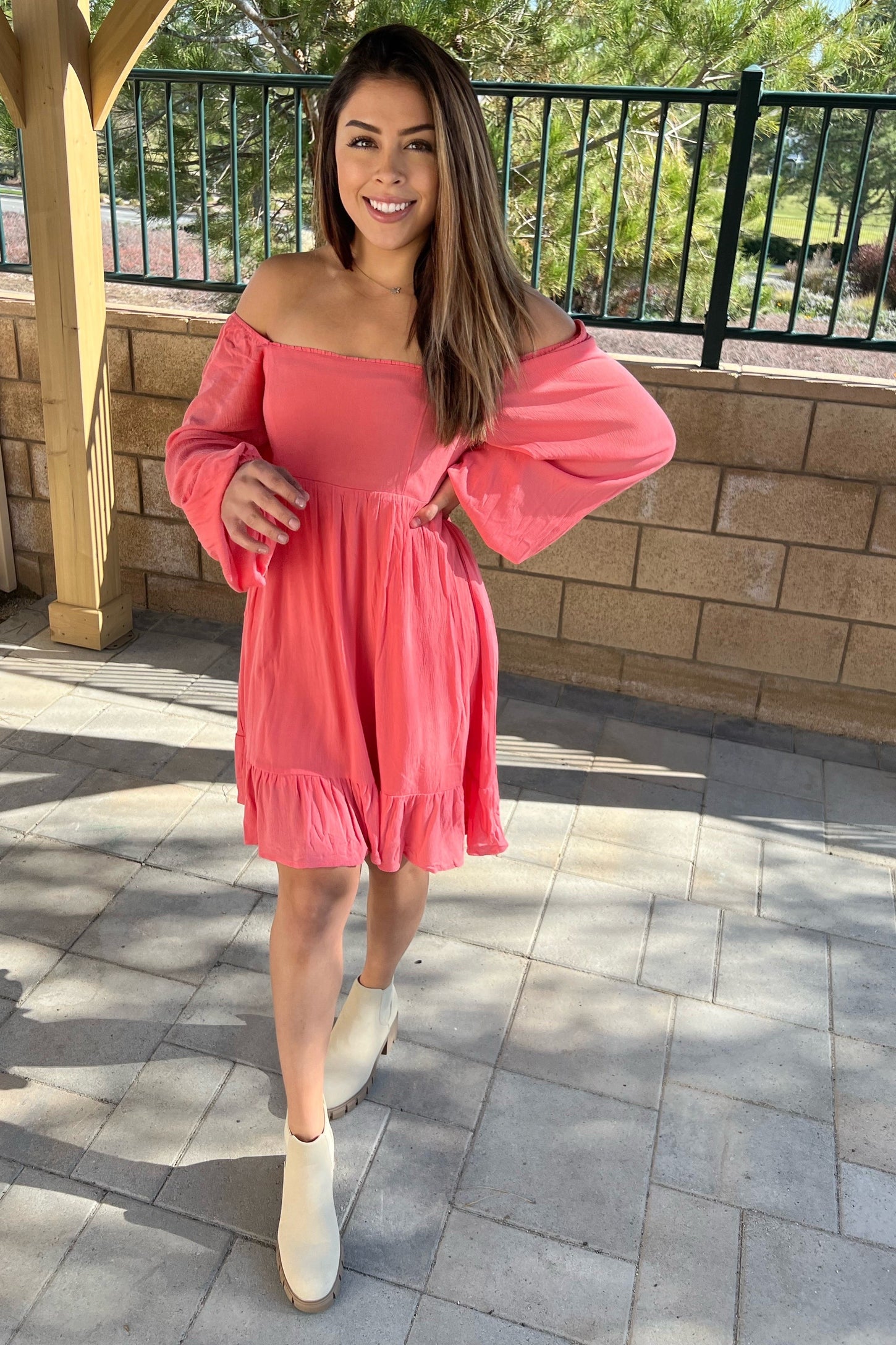 Coral Square Neck Puff Long Sleeve Dress