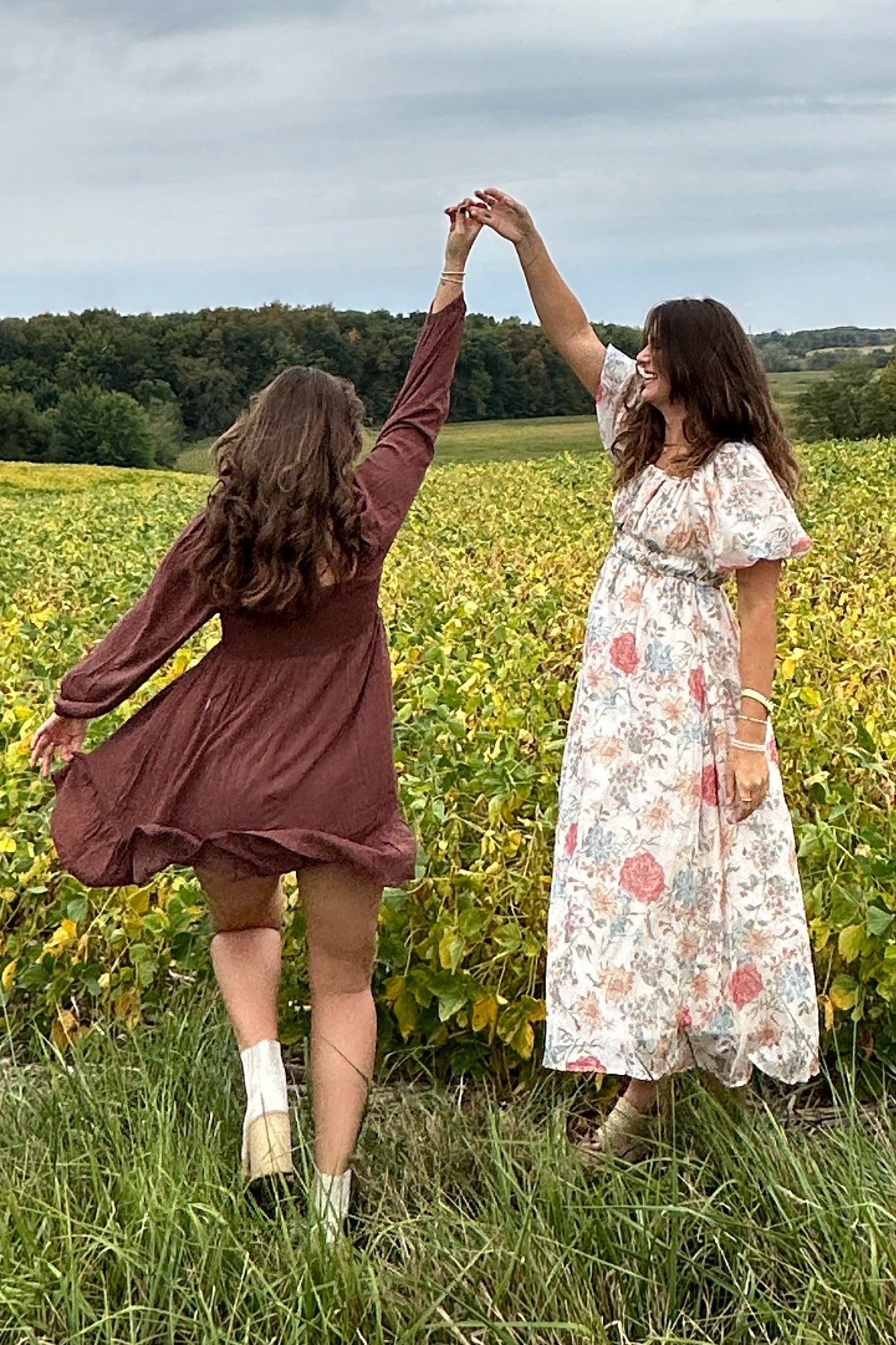 Brown Square Neck Puff Long Sleeve Dress
