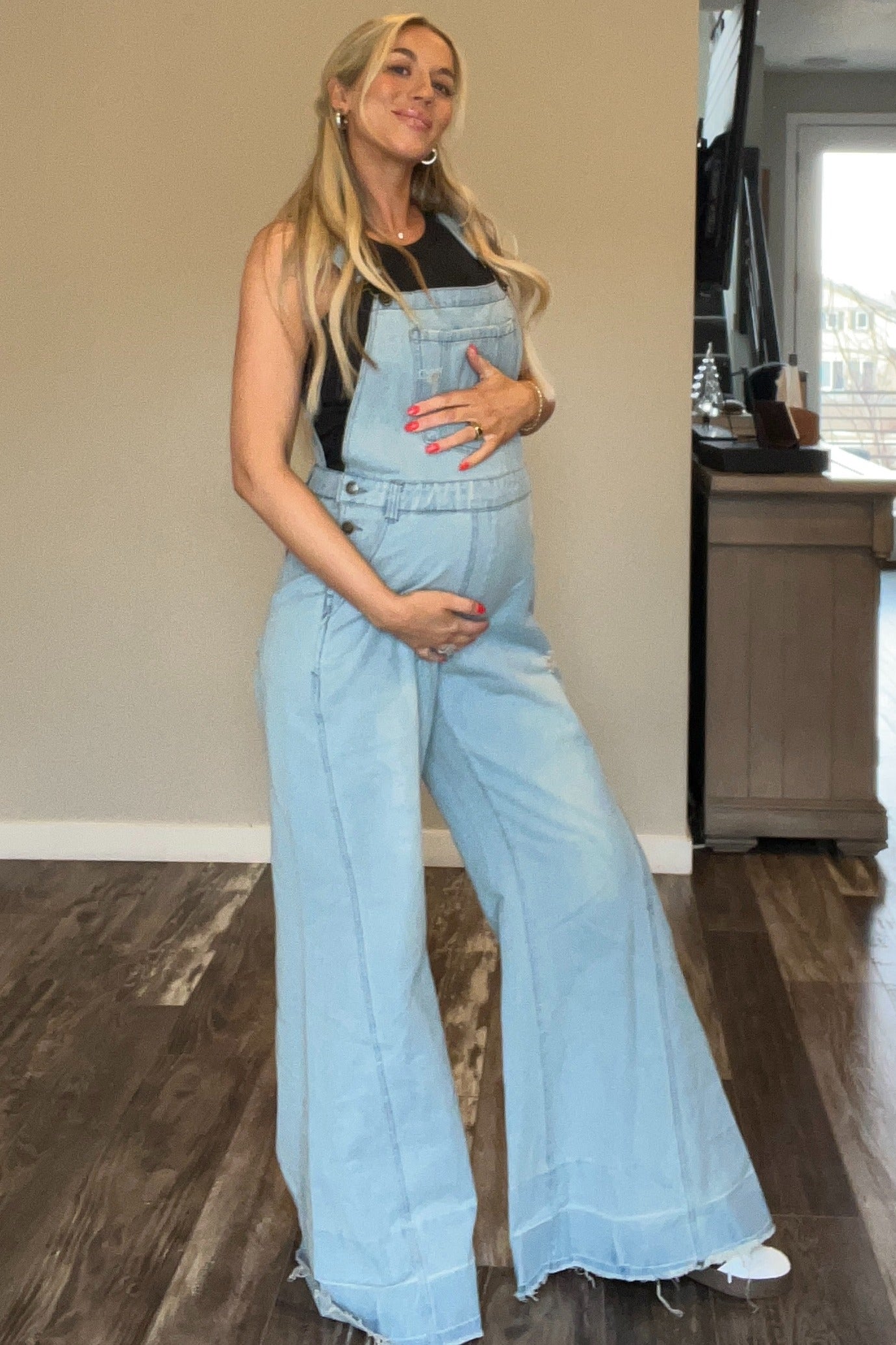 Blue Light Wash Denim Distressed Wide Leg Maternity Overalls