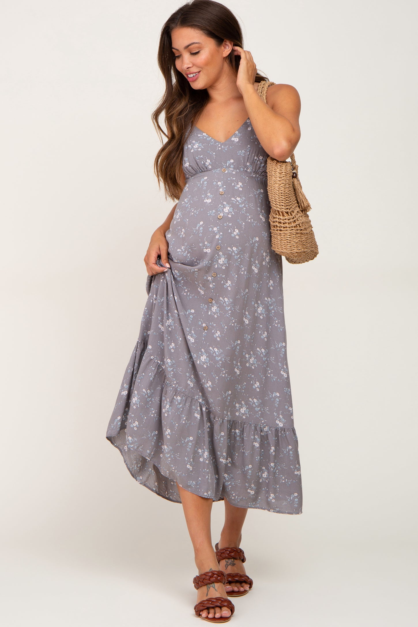 Grey Floral Sleeveless Button Front Maternity Dress