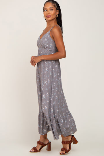 Grey Floral Sleeveless Button Front Dress
