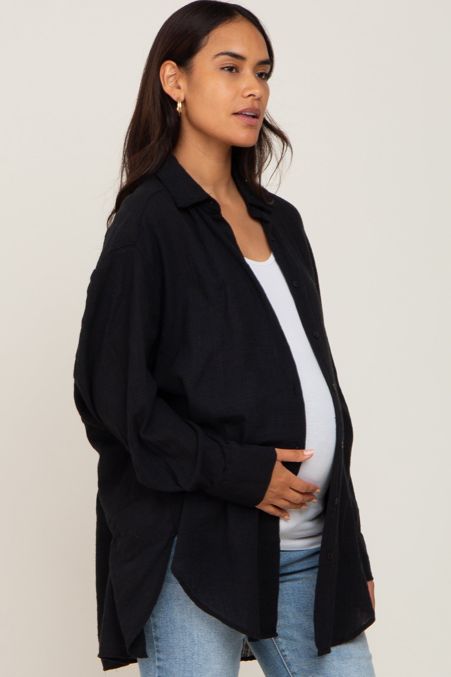 Black Lightweight Sheer Button Down Maternity Blouse