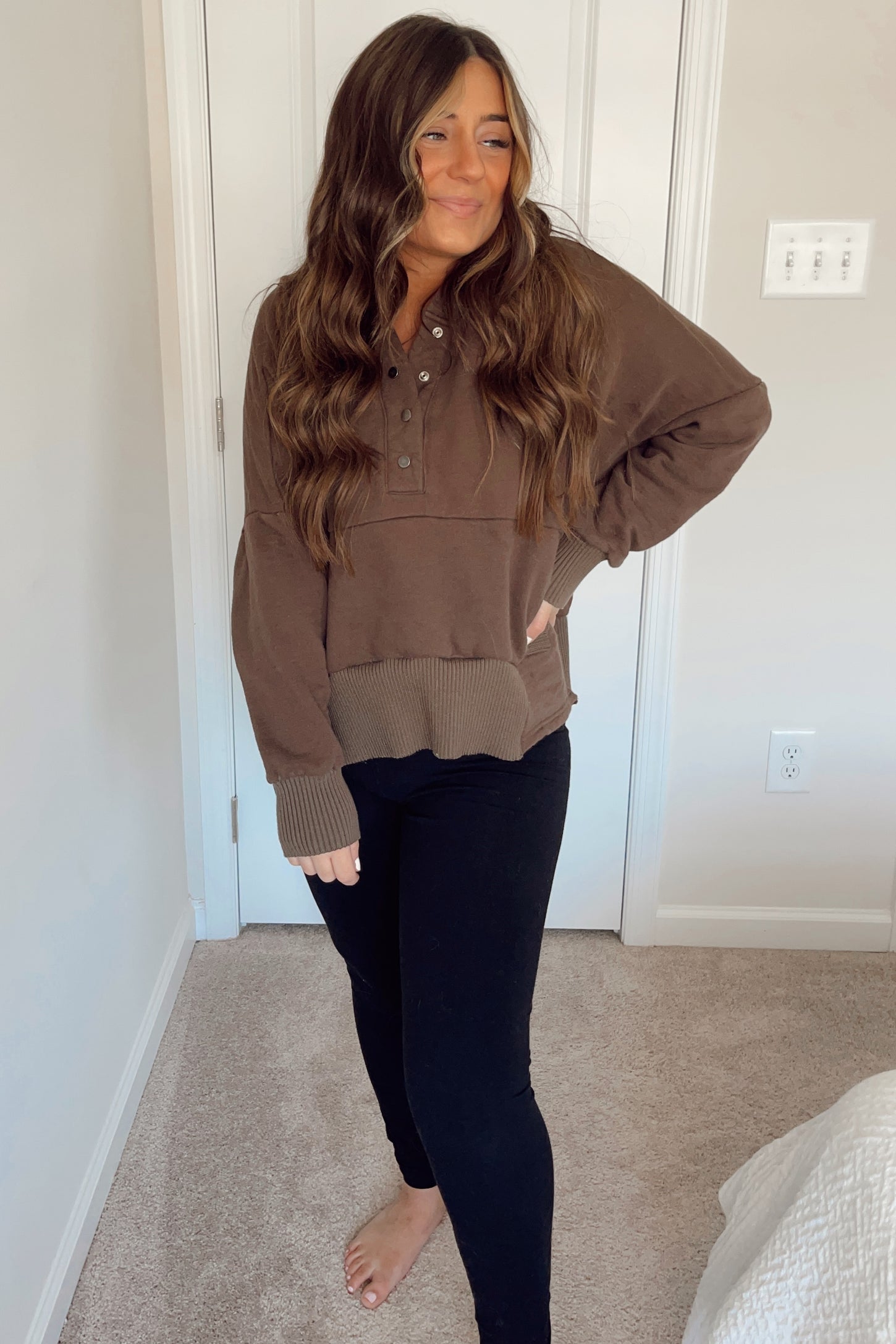 Brown Button Front Ribbed Trim Hooded Sweatshirt