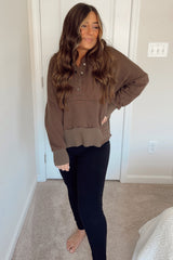 Brown Button Front Ribbed Trim Hooded Sweatshirt