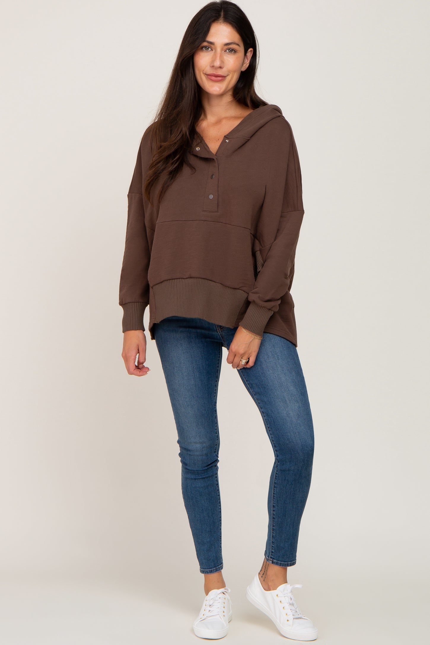 Brown Button Front Ribbed Trim Hooded Sweatshirt