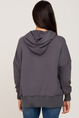 Charcoal Button Front Ribbed Trim Hooded Sweatshirt