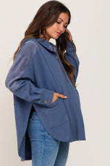 Blue Soft Mixed Knit Button Front Hooded Maternity Top