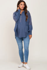 Blue Soft Mixed Knit Button Front Hooded Maternity Top