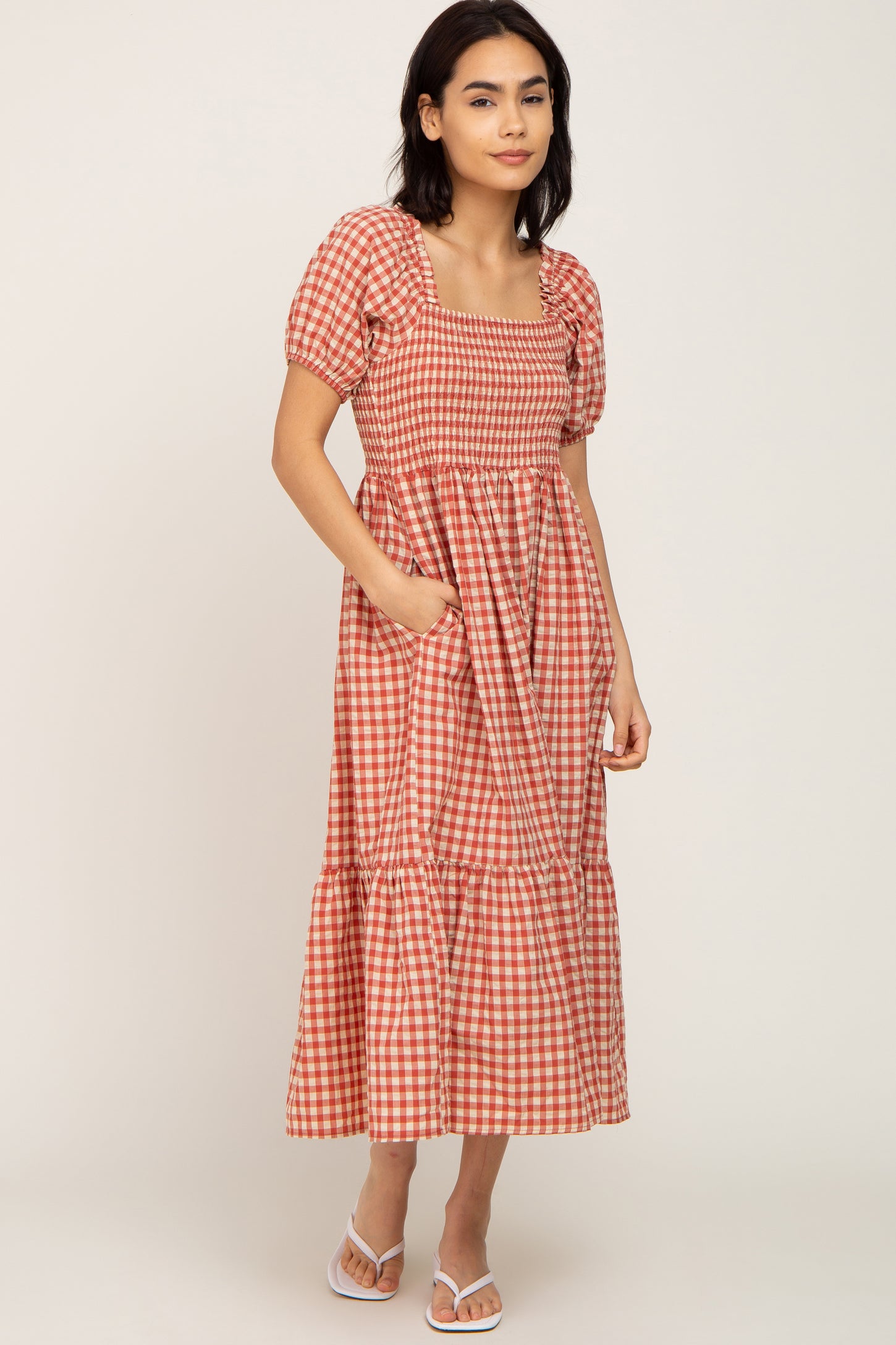 Rust Gingham Smocked Midi Dress