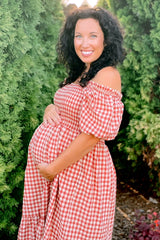 Rust Gingham Smocked Maternity Midi Dress