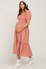 Rust Gingham Smocked Maternity Midi Dress