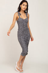 Black Printed Ribbed Shoulder Tie Ruched Maternity Dress