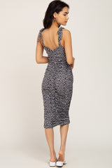 Black Printed Ribbed Shoulder Tie Ruched Dress