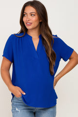 Blue Short Sleeve V-Neck Maternity Blouse
