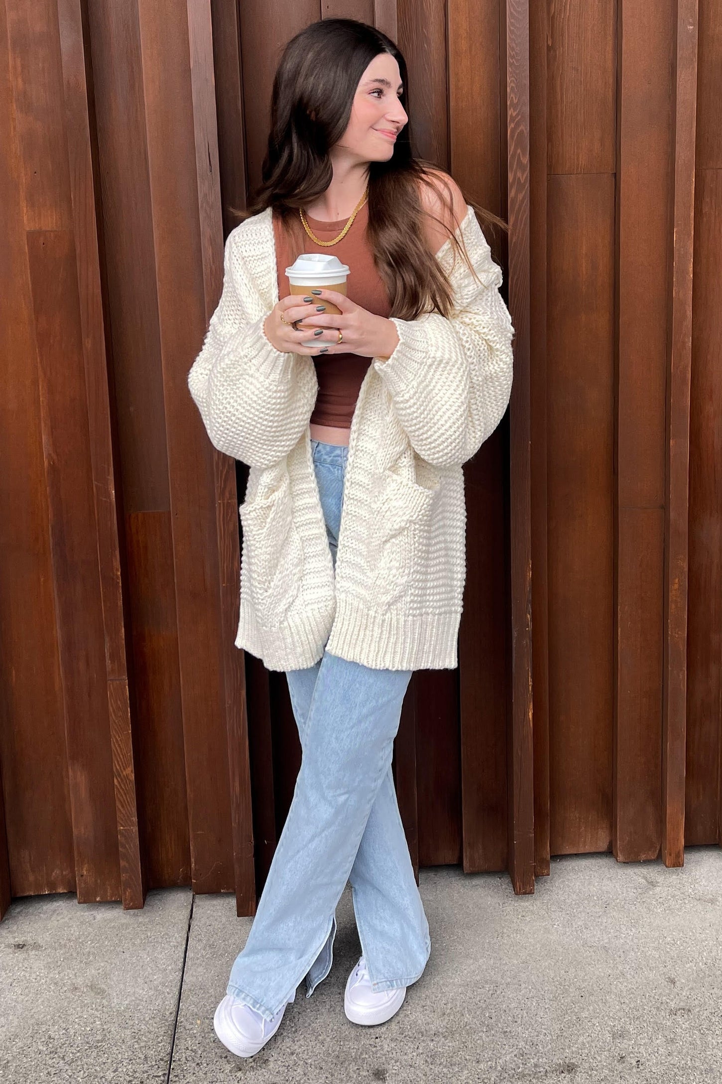Cream Cable Knit Front Pocket Cardigan