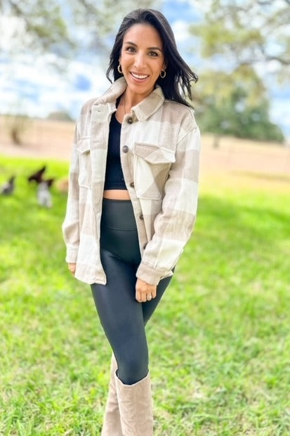 Beige Plaid Knit Shirt Jacket
