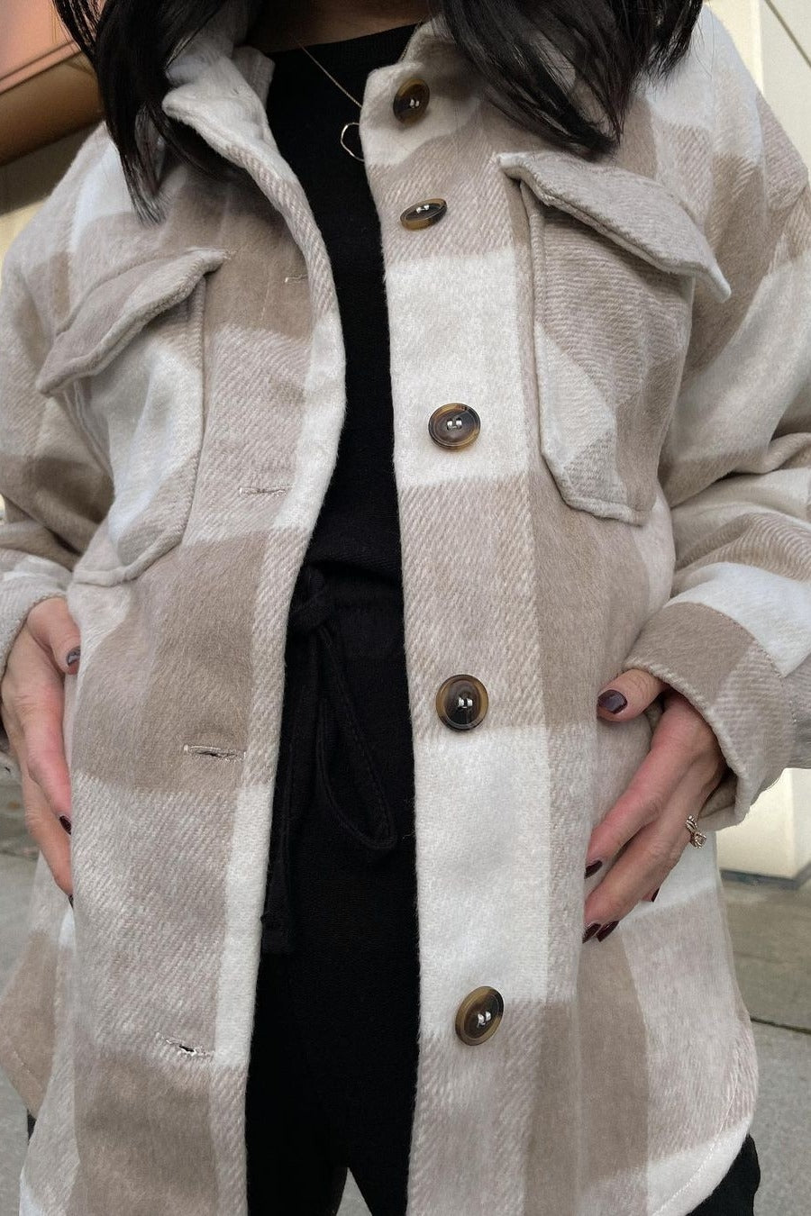 Beige Plaid Knit Maternity Shirt Jacket