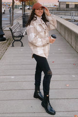 Beige Plaid Knit Shirt Jacket