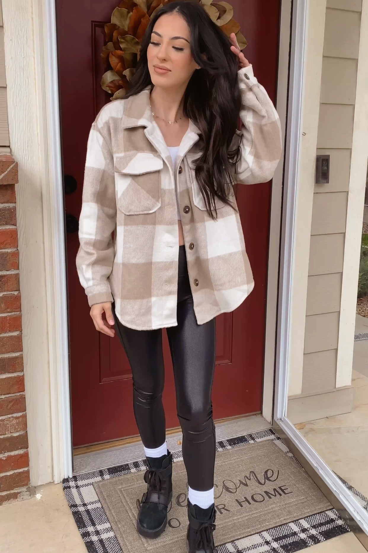 Beige Plaid Knit Shirt Jacket