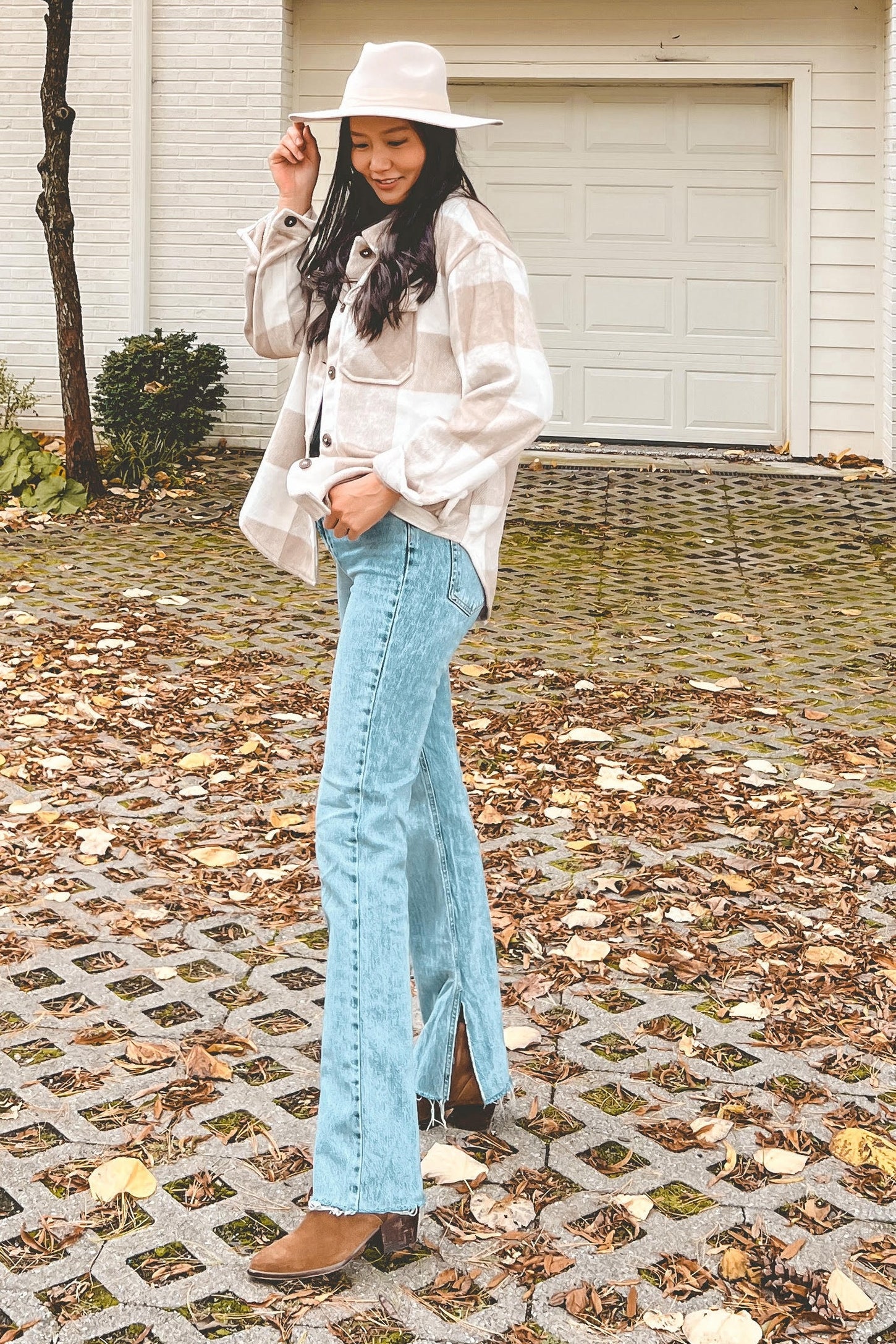 Beige Plaid Knit Shirt Jacket