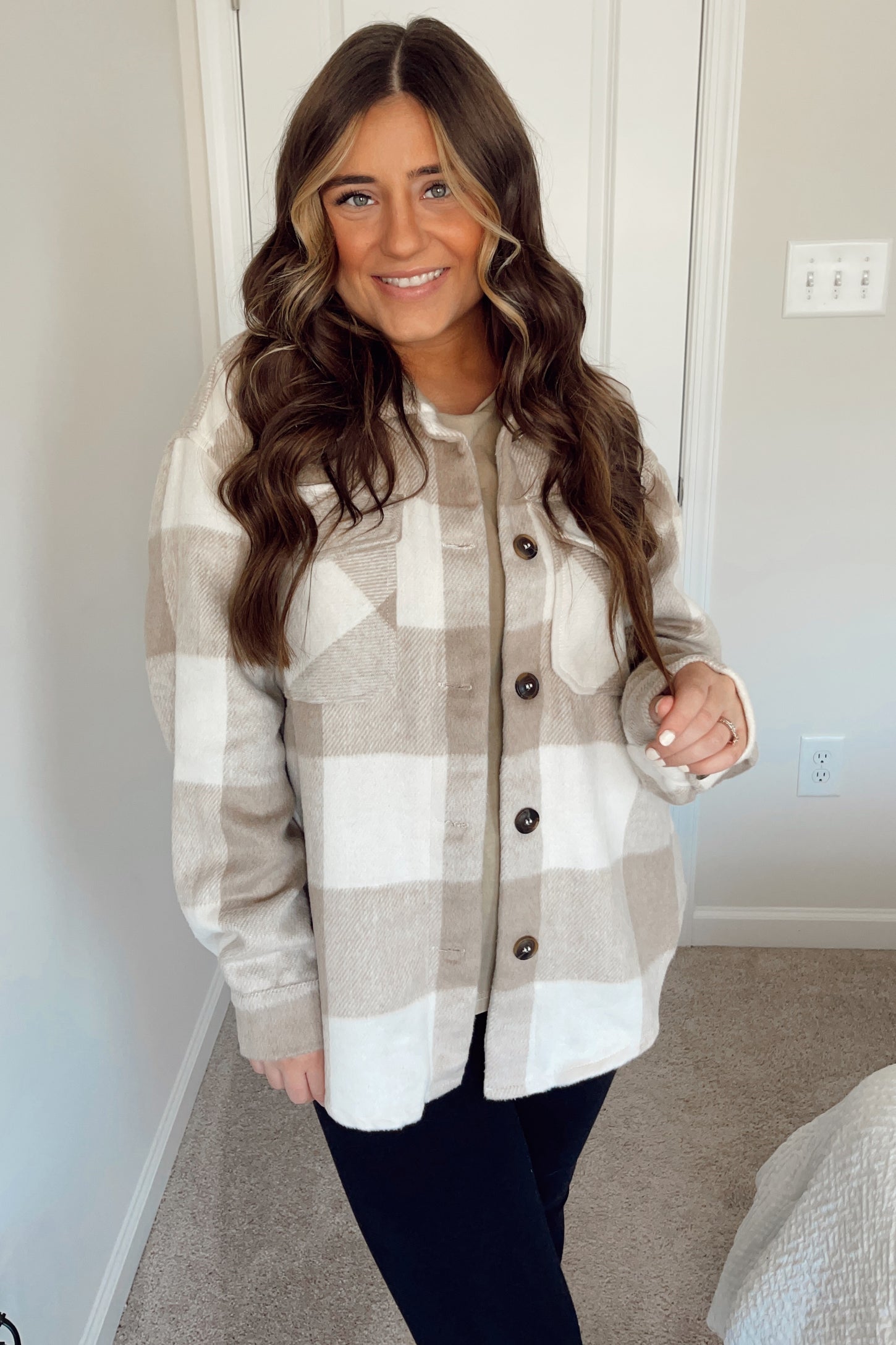 Beige Plaid Knit Shirt Jacket