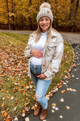 Beige Plaid Knit Maternity Shirt Jacket