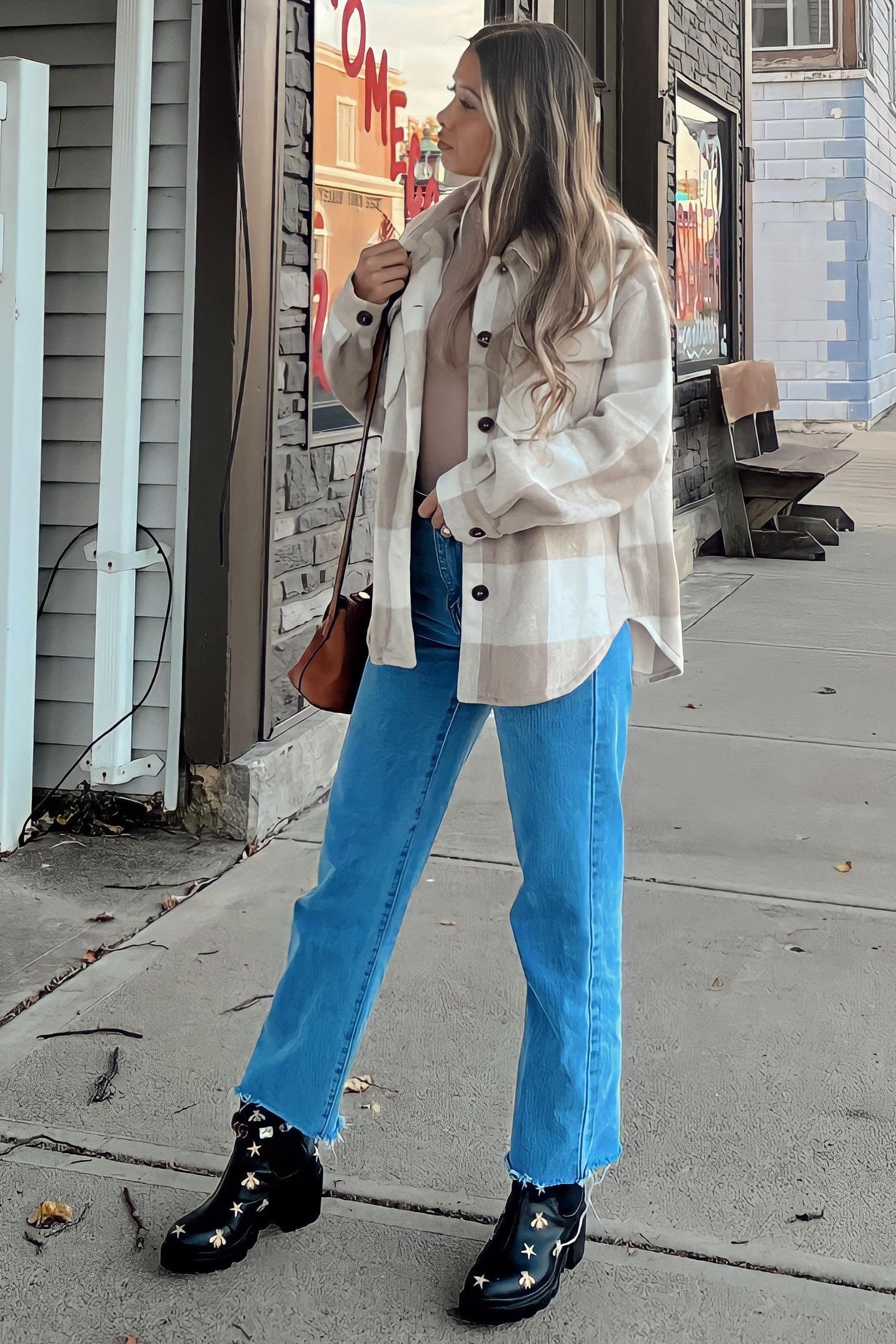 Beige Plaid Knit Shirt Jacket