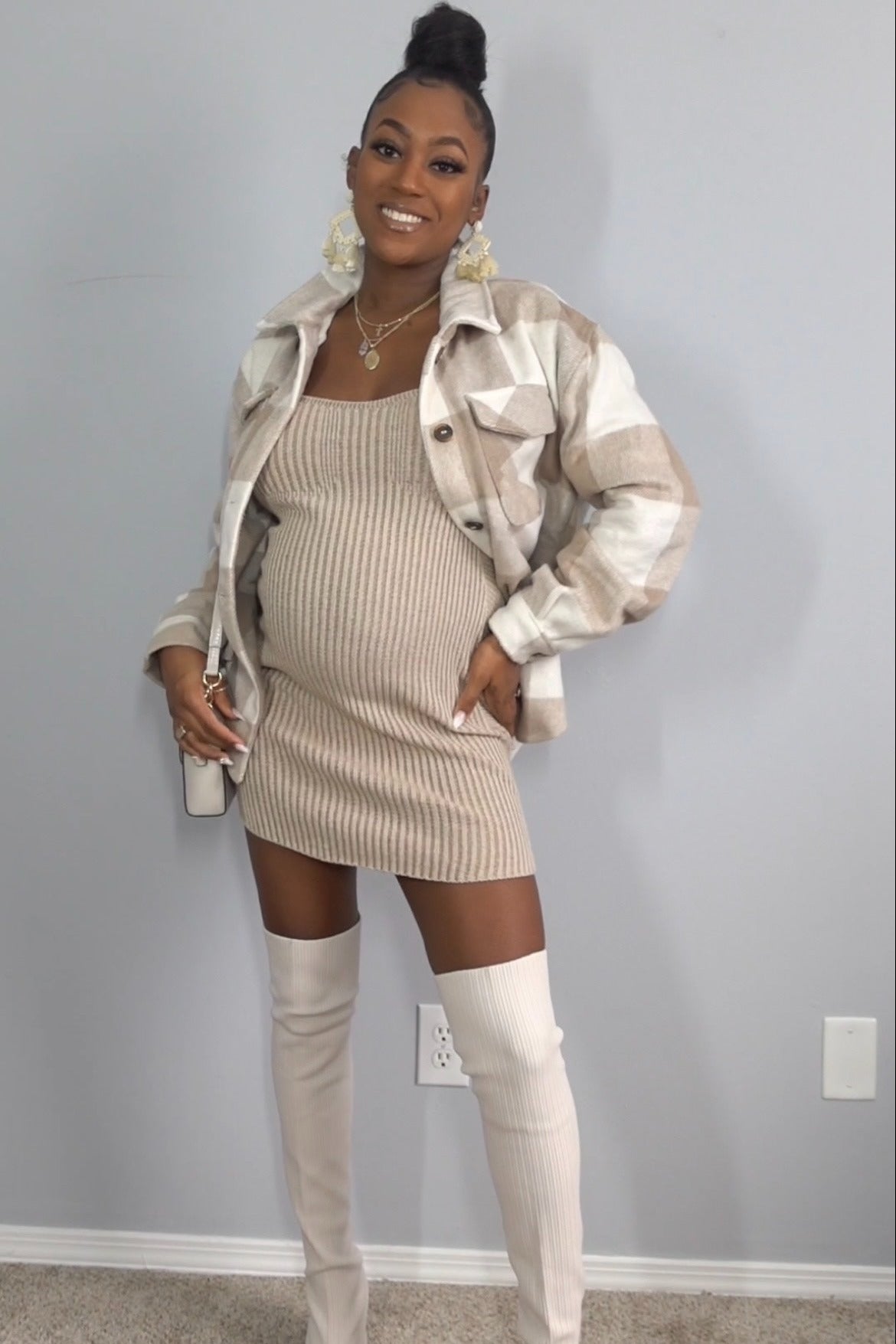 Beige Plaid Knit Maternity Shirt Jacket