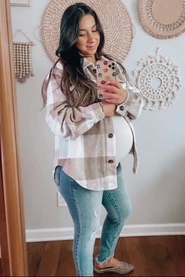 Beige Plaid Knit Maternity Shirt Jacket