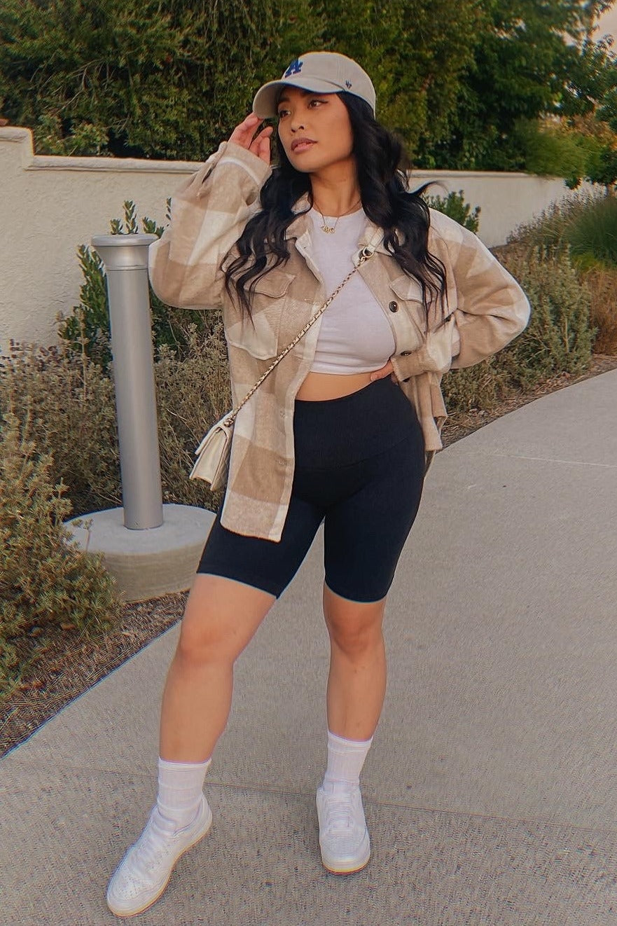 Beige Plaid Knit Shirt Jacket