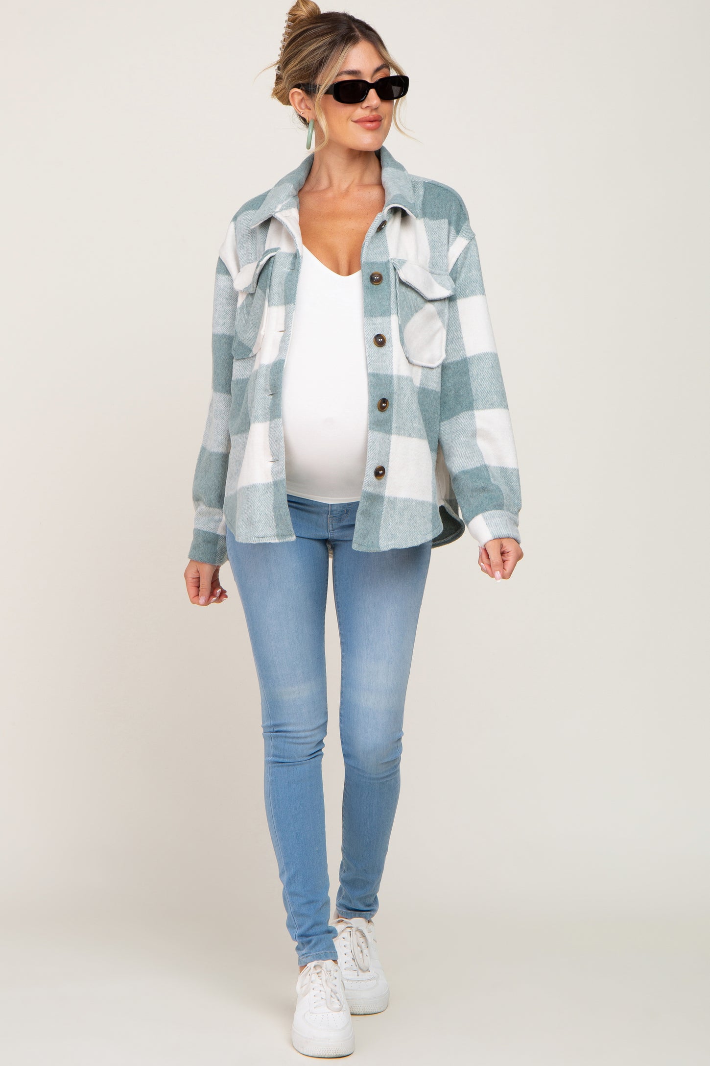 Green Plaid Knit Maternity Shirt Jacket