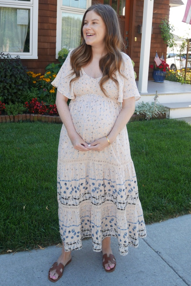 Light Pink Printed Smocked Maternity Midi Dress