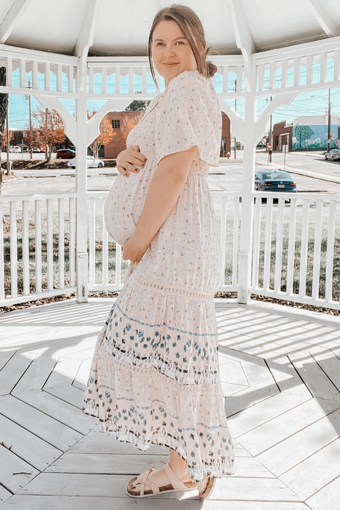 Light Pink Printed Smocked Maternity Midi Dress