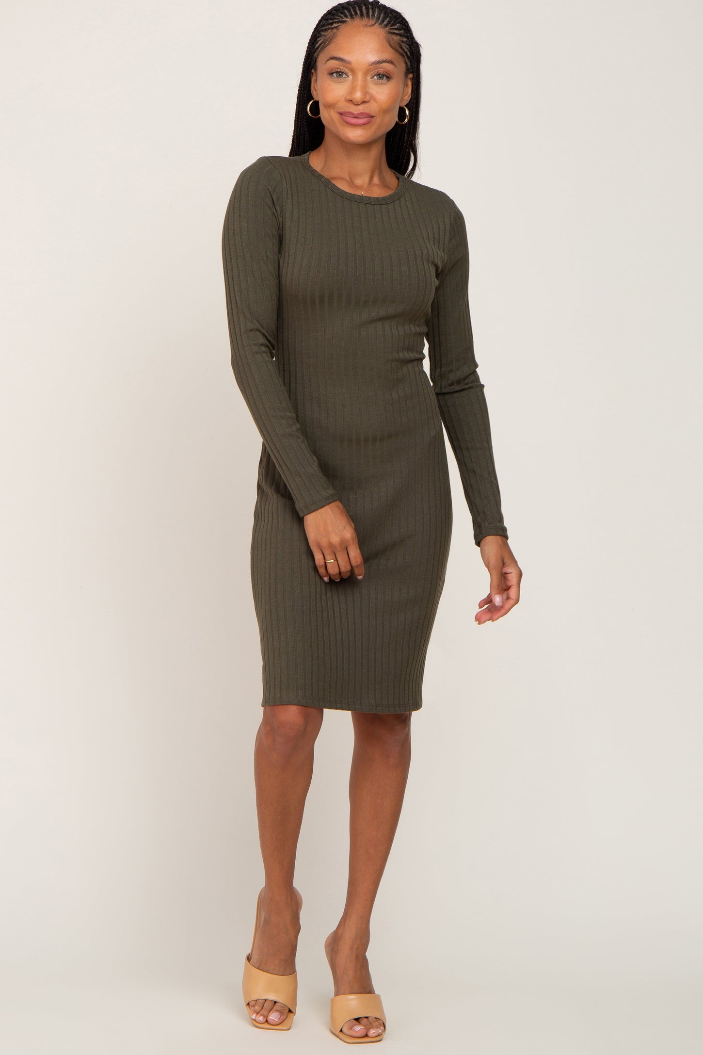Olive Ribbed Basic Long Sleeve Dress