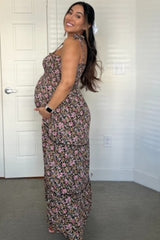 Black Multi-Color Floral Sleeveless Tiered Maternity Maxi Dress