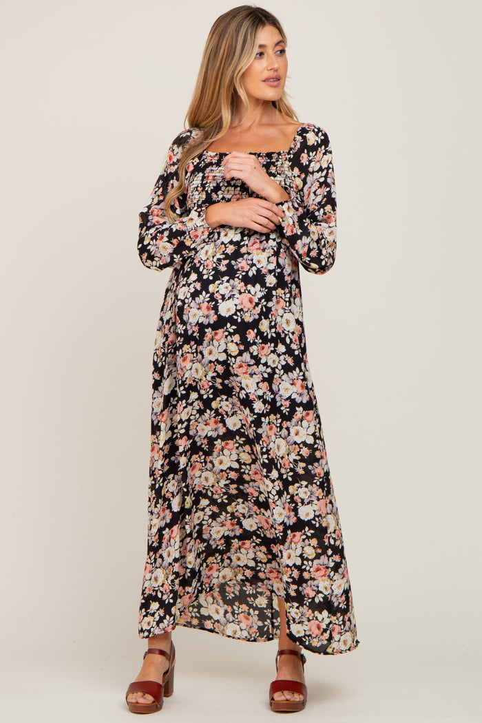 Black Floral Smocked Maternity Midi Dress