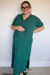 Forest Green Button Down Hi Low Maternity Maxi Dress