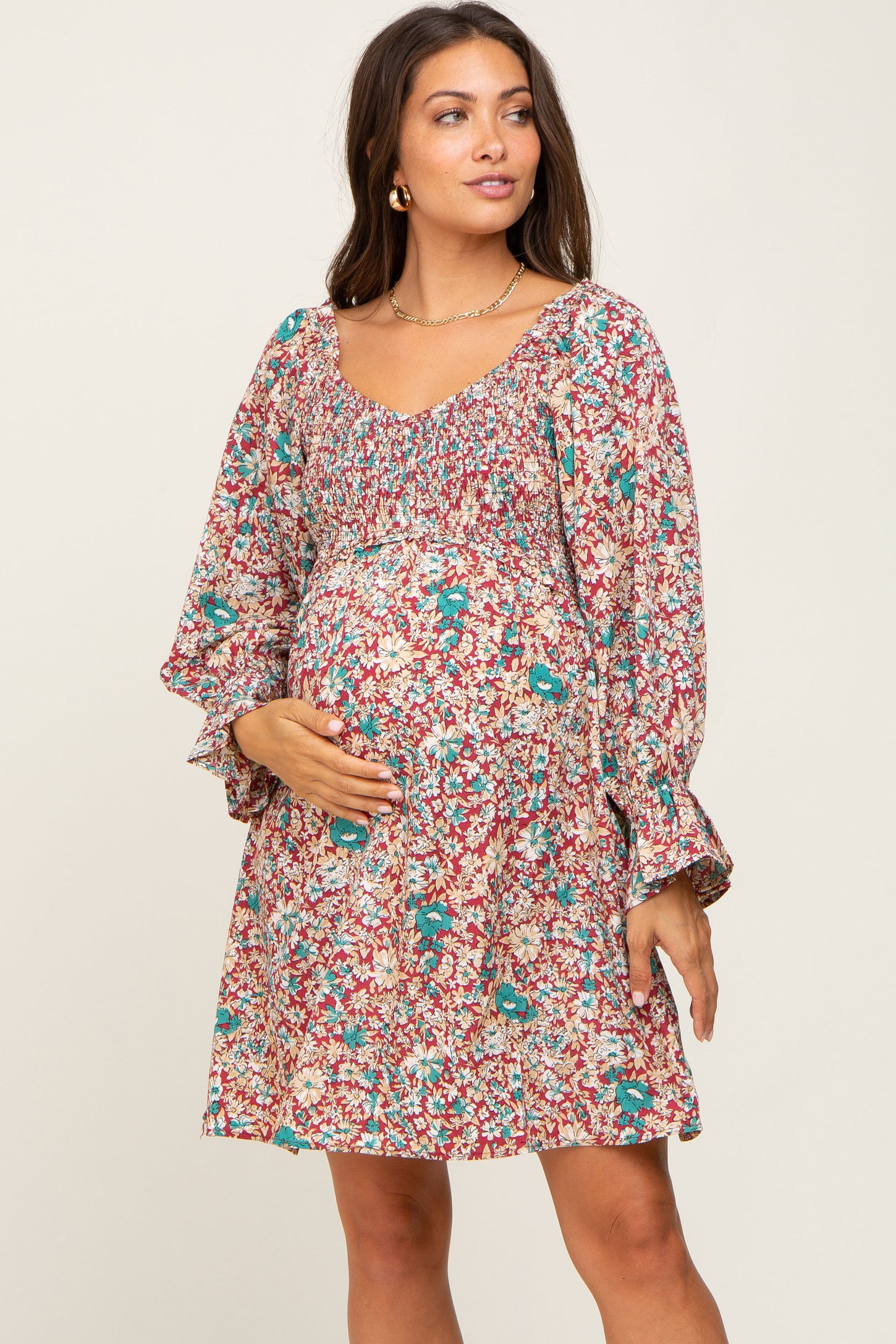 Burgundy Floral Smocked Ruffle Accent Maternity Dress