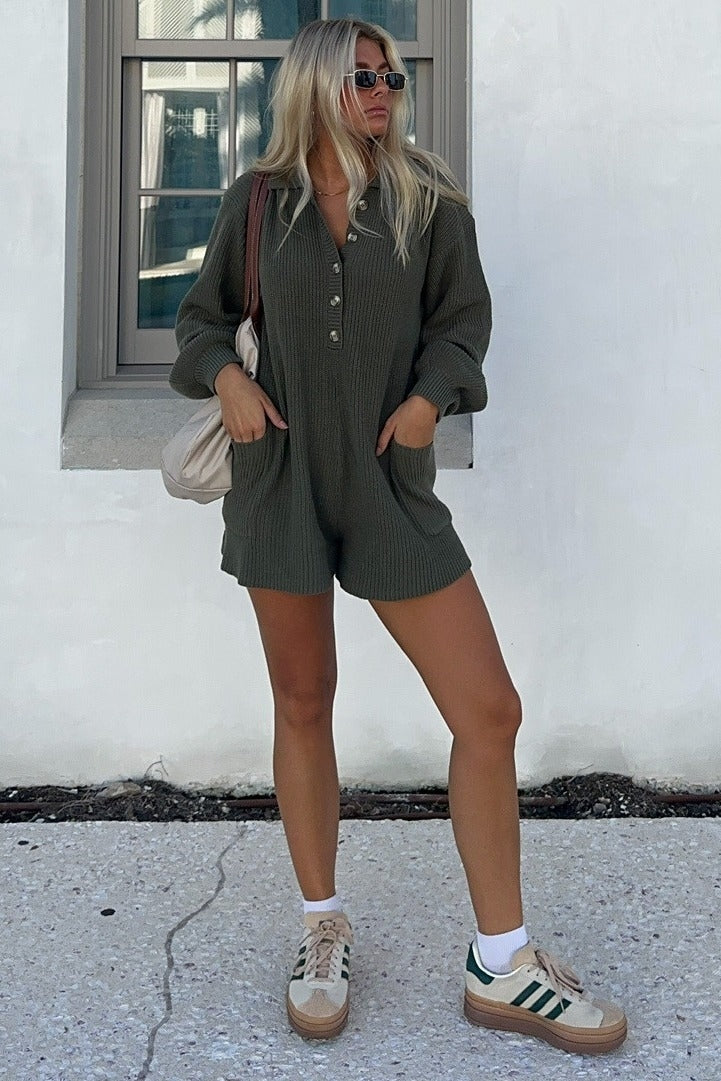 Olive Button Down Sweater Romper