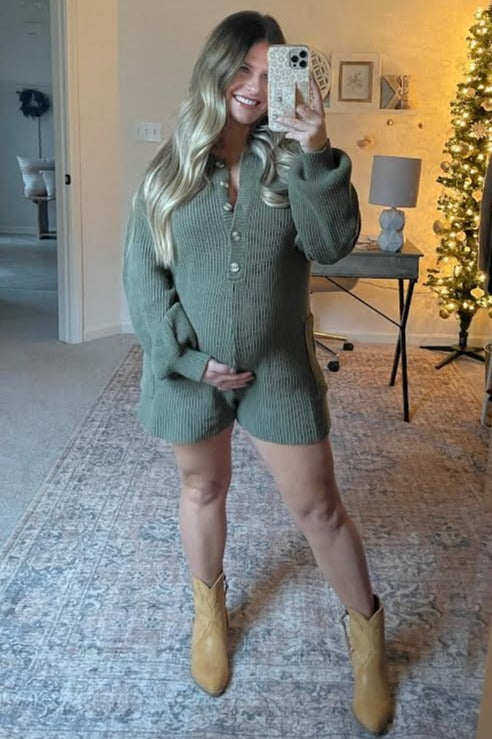 Olive Button Down Maternity Sweater Romper