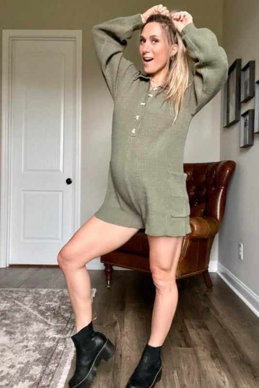 Olive Button Down Maternity Sweater Romper